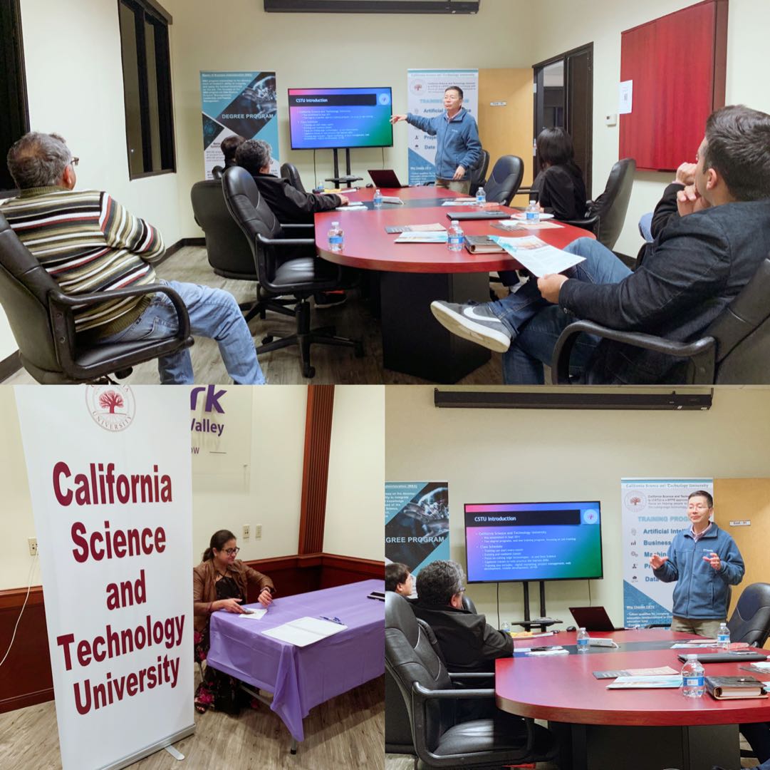 A presenter introduces courses to participants at a CSTU campus meetup